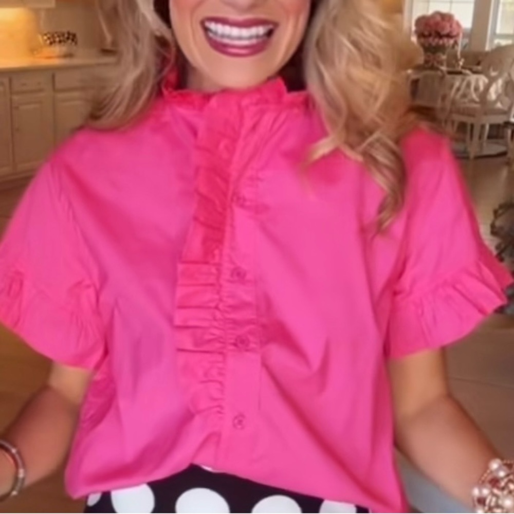 Bright Pink Ruffle-Front Short Sleeve Blouse - Picture 2 of 4